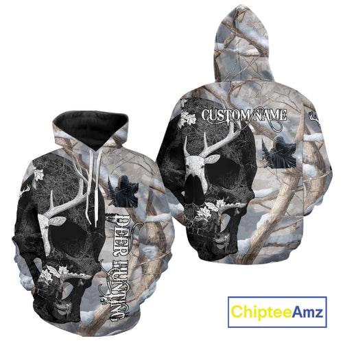Snow Deer Hunting Shirt Deer Skull Camo Full Printing Custom Name For Deer Hunters, Best Hunting Gifts NHT21