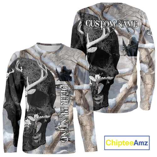 Snow Deer Hunting Shirt Deer Skull Camo Full Printing Custom Name For Deer Hunters, Best Hunting Gifts NHT21