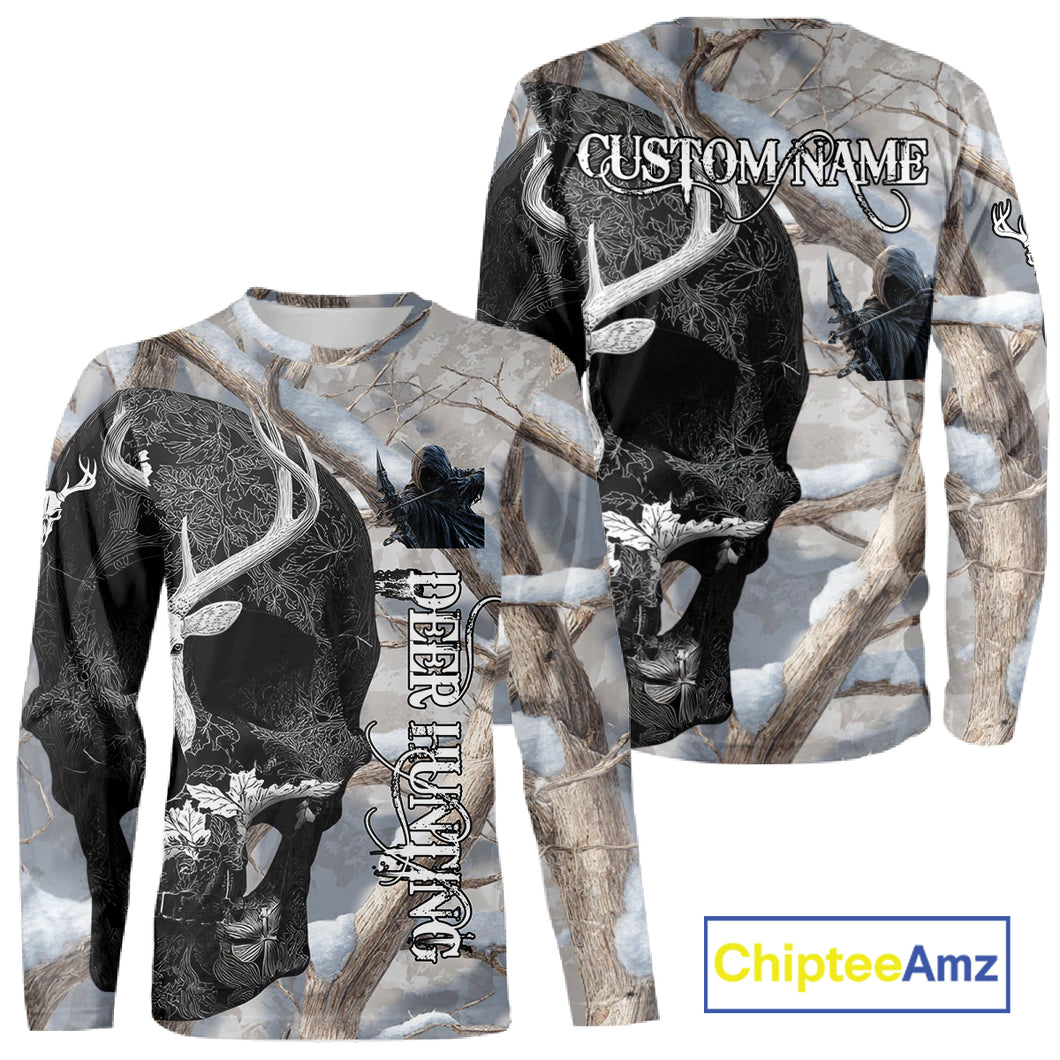 Snow Deer Hunting Shirt Deer Skull Camo Full Printing Custom Name For Deer Hunters, Best Hunting Gifts NHT21