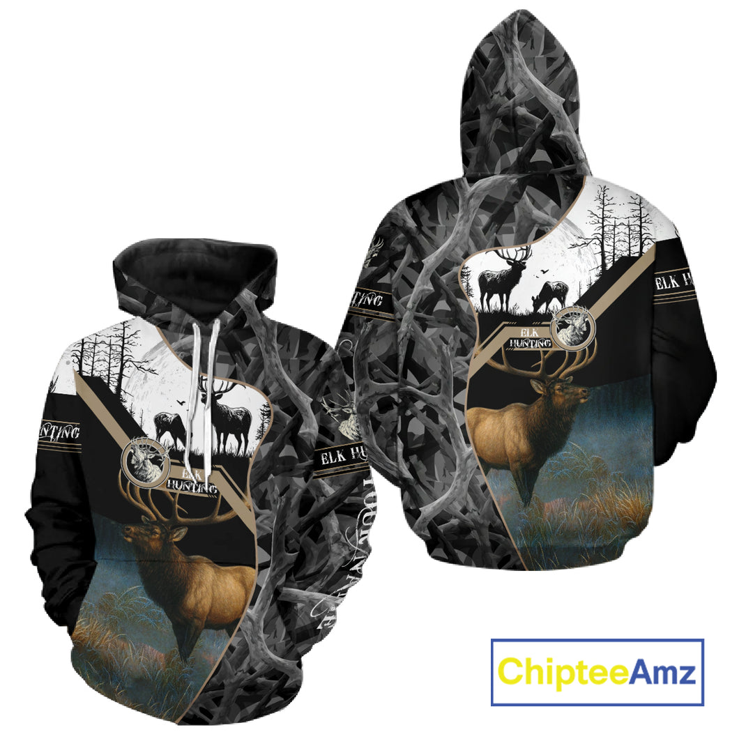 Custom 3D Elk Hunting Shirt With Black Camo Pattern And Full All-Over Elk Print For Hunters  NHT78