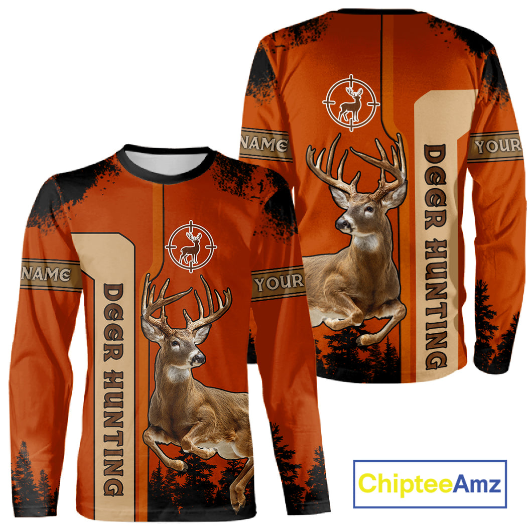 Custom Orange Whitetail Deer Hunting 3D Shirt With Name Print For Hunters, Hunting Gift NHT69