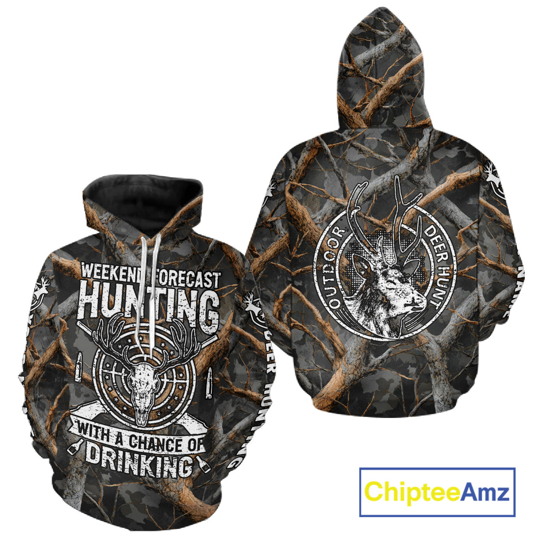 Deer Hunting Grey Camo 3D Shirts with Antler Skull Graphic, Funny Hunting Outfit for Hunters NBT71