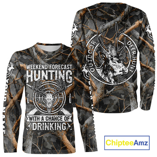 Deer Hunting Grey Camo 3D Shirts with Antler Skull Graphic, Funny Hunting Outfit for Hunters NBT71