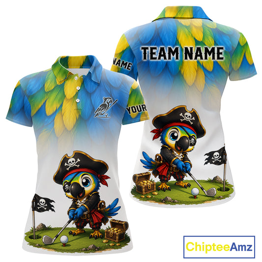 Womens golf polo shirt with pirate parrot graphic, custom name and team, sporty fit.