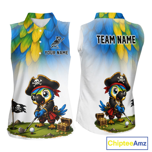 Womens sleeveless golf polo shirt with pirate parrot graphic, personalized name and team, sporty pirate bird golf top.