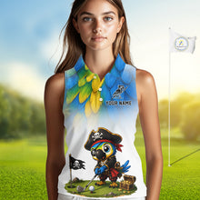 Load image into Gallery viewer, Close up of personalized pirate parrot womens sleeveless golf polo, detail of custom text area for name and team.