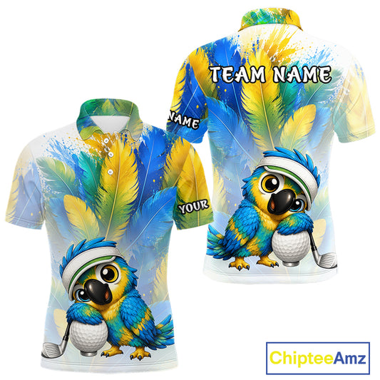 Personalized parrot mens golf polo shirt, cute bird hugging golf ball, front view.