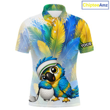 Load image into Gallery viewer, Personalized parrot mens golf polo shirt, cute bird hugging golf ball, front view.