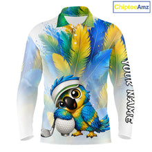 Load image into Gallery viewer, Mens golf polo shirt with parrot hugging golf ball design, custom name and team, golf lover gift.