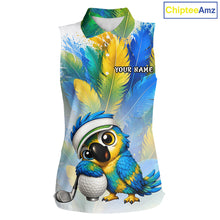 Load image into Gallery viewer, Personalized parrot womens sleeveless golf polo shirt, cute bird hugging golf ball, front view.