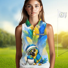 Load image into Gallery viewer, Cute bird hugging golf ball printed on womens sleeveless golf polo shirt, custom name and team, golf outfit.