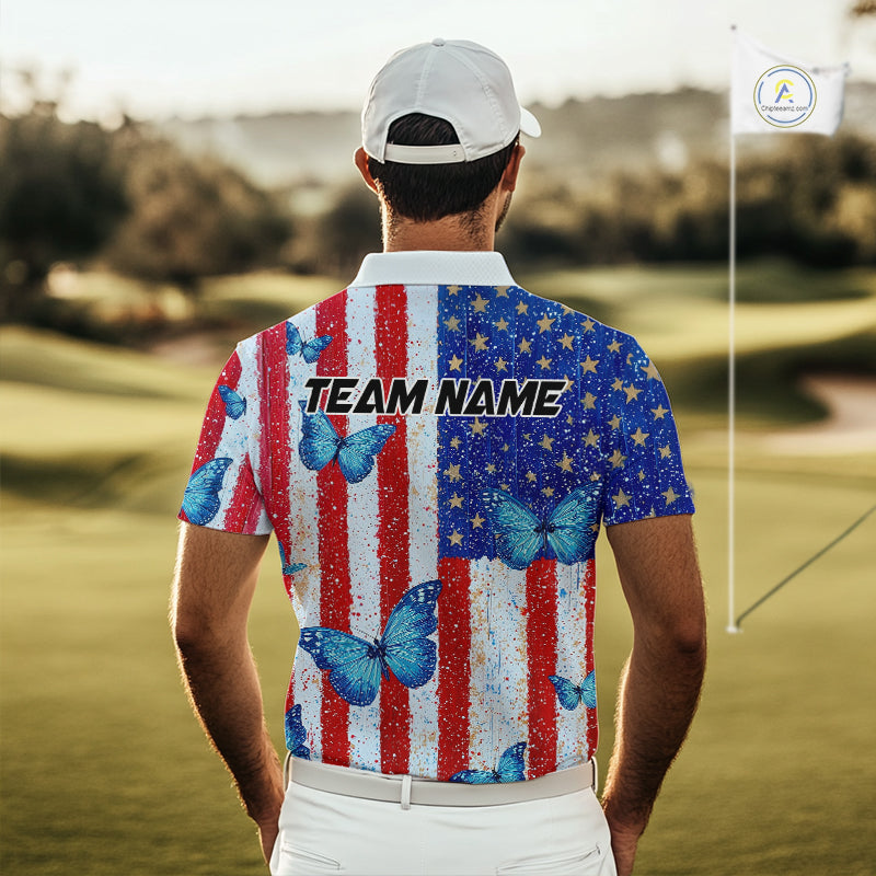 Man wearing a colorful golf shirt with American flag design on a golf course