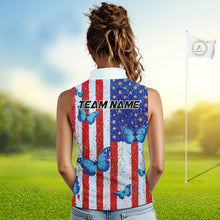 Load image into Gallery viewer, Personalized Blue Butterfly American Flag Polo – Custom Name Patriotic Womens Sleeveless Golf Polo Shirt