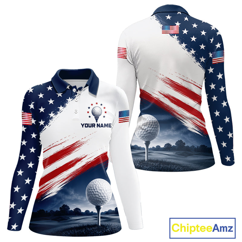 Patriotic American Flag Golf Polo Shirt For Women's –  Red White Blue Golf Apparel 