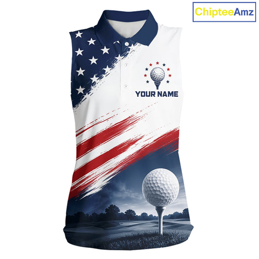 Patriotic American Flag Women's Sleeveless Golf Polo Shirt –  Red White Blue Golf Apparel 