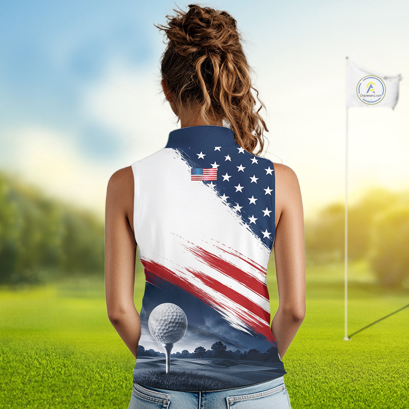 Patriotic American Flag Women's Sleeveless Golf Polo Shirt –  Red White Blue Golf Apparel 