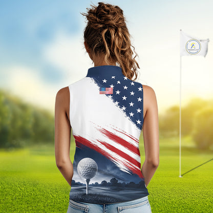 Patriotic American Flag Women's Sleeveless Golf Polo Shirt –  Red White Blue Golf Apparel 
