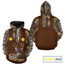 Load image into Gallery viewer, Deer Hunting Hoodie &amp; Sweatshirt – Brown Bib Overalls Style with Custom Name Camo Design NHT346