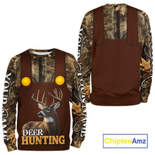 Load image into Gallery viewer, Deer Hunting Hoodie &amp; Sweatshirt – Brown Bib Overalls Style with Custom Name Camo Design NHT346