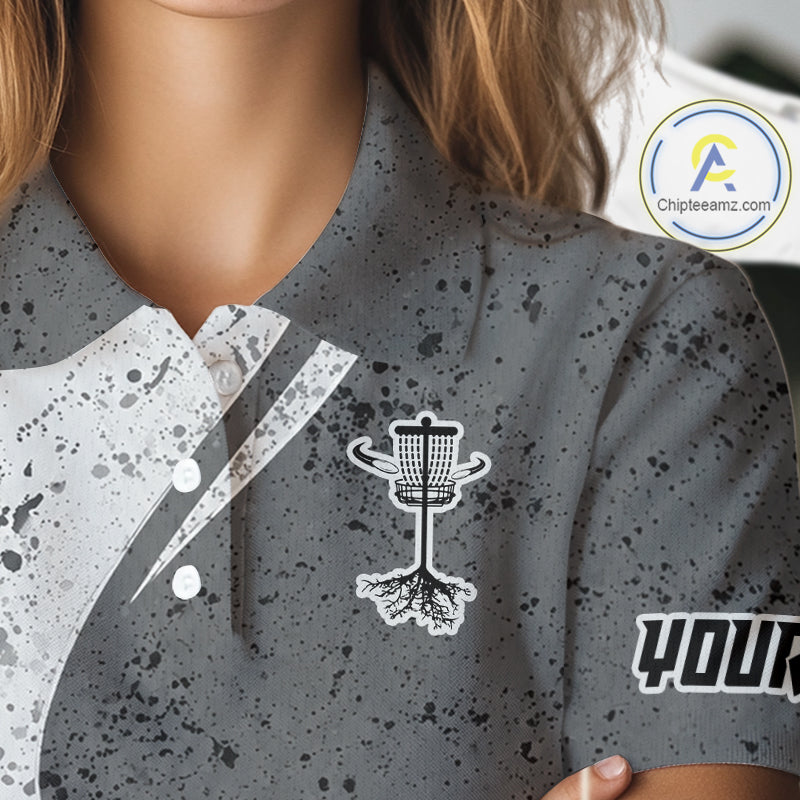 Womens Disc Golf Polo Shirt Gray Camo Disc Golf Basket, Personalized Disc Golf Shirts NHT896