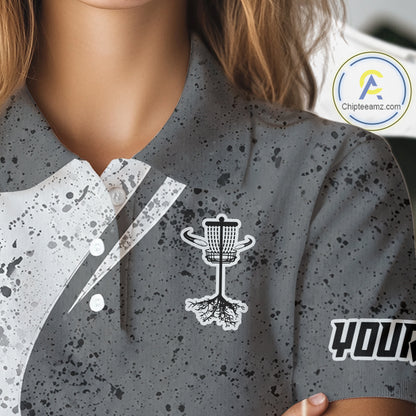 Womens Disc Golf Polo Shirt Gray Camo Disc Golf Basket, Personalized Disc Golf Shirts NHT896