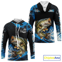 Load image into Gallery viewer, Back view of custom bass hooded fishing shirt made from lightweight polyester with UPF 30+ sun protection.