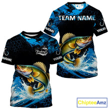 Load image into Gallery viewer, Back view of custom walleye fishing shirt made from breathable polyester with UPF 30+ sun protection.