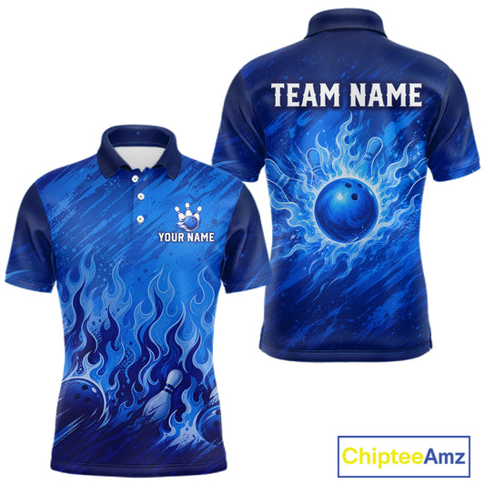 Custom blue short-sleeve polo shirt with flame and bowling ball graphics, shown in front and back views. Features customizable text placeholders 'TEAM NAME' and 'YOUR NAME'.