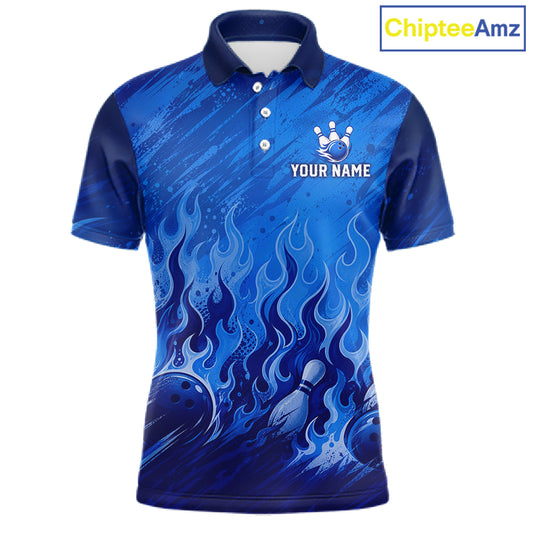 A blue short-sleeve polo shirt with a bowling-themed flame graphic, featuring a crown bowling pin logo and the text 'YOUR NAME' on the chest. The ChipteeAmz logo is visible in the top right corner.