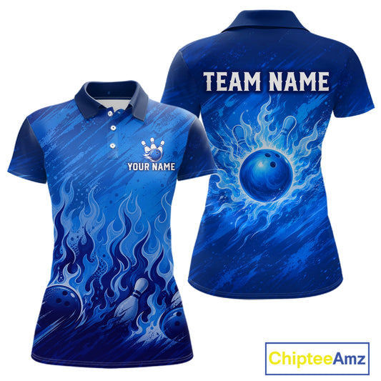 Customizable blue bowling-themed short-sleeve polo shirt shown from the front and back. The front features a blue bowling pin graphic with the text 'YOUR NAME' and a crown logo, while the back displays 'TEAM NAME' above a large bowling ball and flame design.