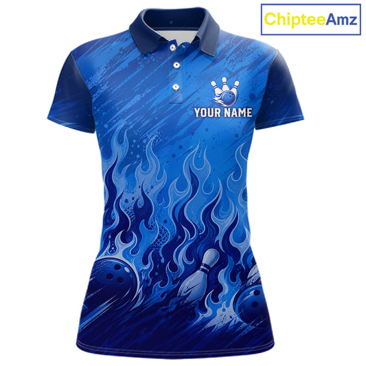 A women's short-sleeve polo shirt in shades of blue with a bowling-themed flame and splash graphic, featuring a bowling pins logo and 'YOUR NAME' placeholder on the chest. The ChipteeAmz logo is visible in the top right corner.