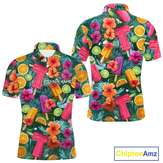 Golf Polo Shirt Tropical Popsicle Paradise Pattern Tropical Leaves Custom Name, Men's Golf Shirt NHT539