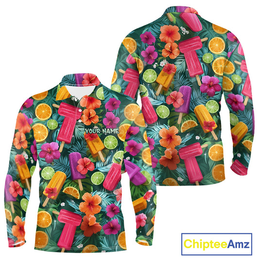 Golf Polo Shirt Tropical Popsicle Paradise Pattern Tropical Leaves Custom Name, Men's Golf Shirt NHT539