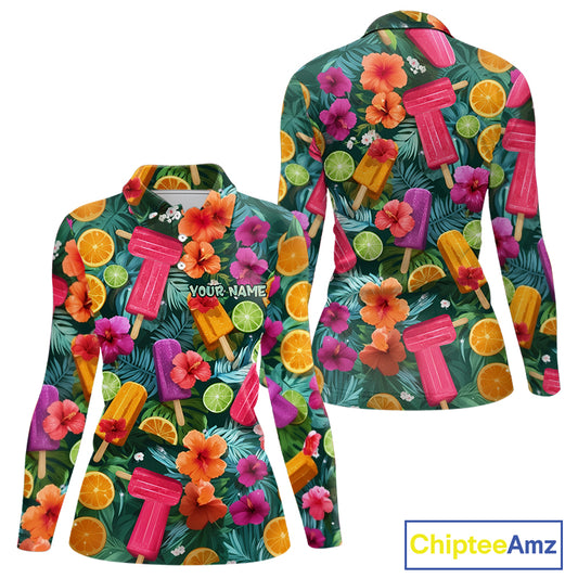 Womens Golf Polo Shirt Tropical Popsicle Paradise Pattern Tropical Leaves Custom Name, Womens Golf Shirt NHT539