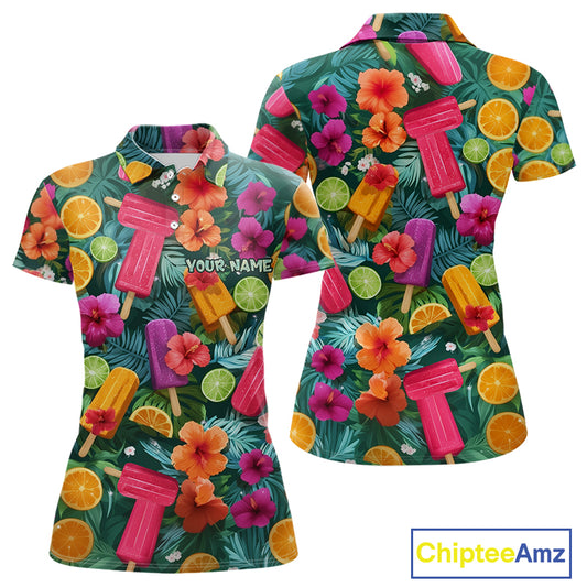 Womens Golf Polo Shirt Tropical Popsicle Paradise Pattern Tropical Leaves Custom Name, Womens Golf Shirt NHT539