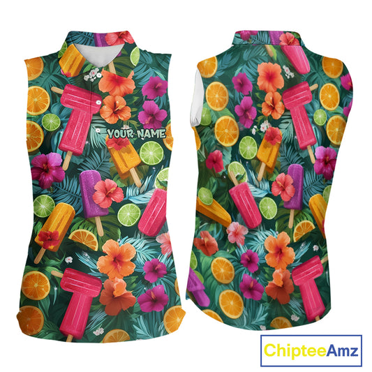 Golf Womens Sleeveless Polo Shirt Tropical Popsicle Paradise Pattern Tropical Leaves Custom Name, Golf Shirt NHT539
