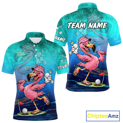 Personalized Flamingo Mens Golf Polo Shirt Custom Name And Team Teal Blue Funny Ocean Tropical Golf Outfit NHT1235