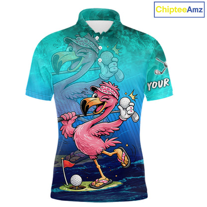 Personalized Flamingo Mens Golf Polo Shirt Custom Name And Team Teal Blue Funny Ocean Tropical Golf Outfit NHT1235