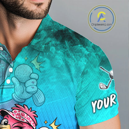 Personalized Flamingo Mens Golf Polo Shirt Custom Name And Team Teal Blue Funny Ocean Tropical Golf Outfit NHT1235