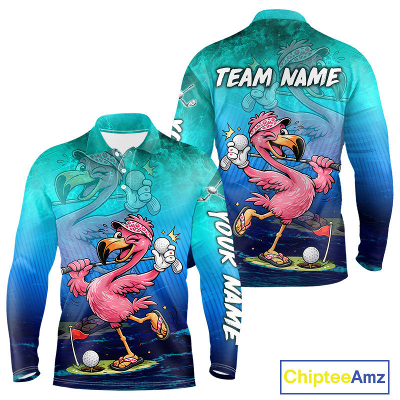 Personalized Flamingo Mens Golf Polo Shirt Custom Name And Team Teal Blue Funny Ocean Tropical Golf Outfit NHT1235