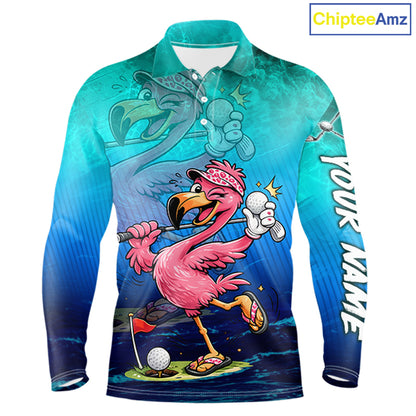 Personalized Flamingo Mens Golf Polo Shirt Custom Name And Team Teal Blue Funny Ocean Tropical Golf Outfit NHT1235