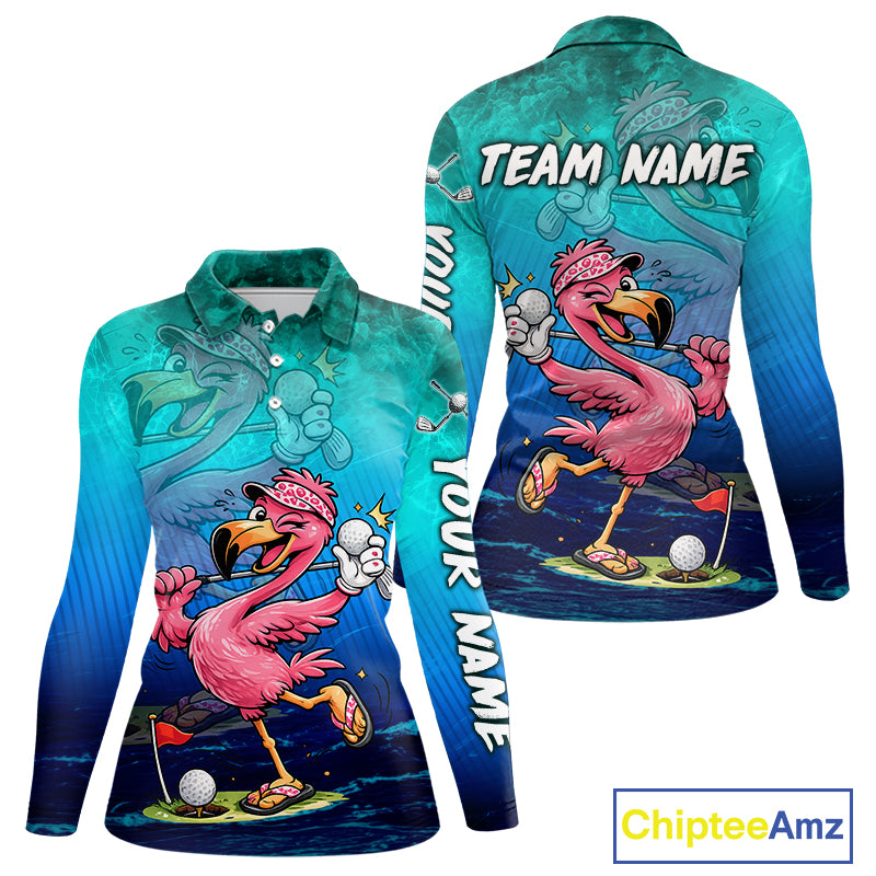 Personalized Flamingo Womens Golf Polo Shirt Custom Name And Team Teal Blue Funny Ocean Tropical Golf Outfit NHT1235