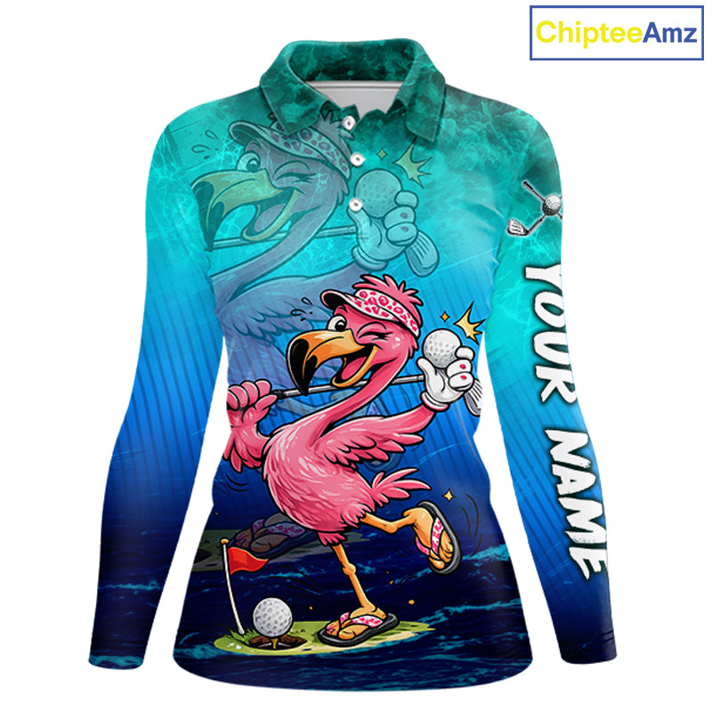 Personalized Flamingo Womens Golf Polo Shirt Custom Name And Team Teal Blue Funny Ocean Tropical Golf Outfit NHT1235