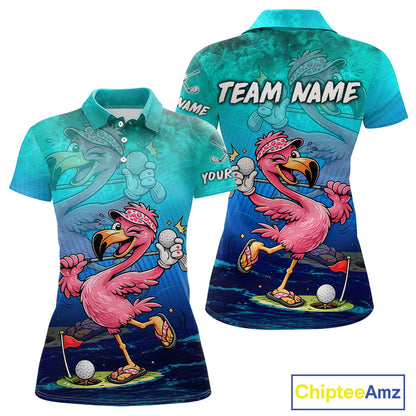 Personalized Flamingo Womens Golf Polo Shirt Custom Name And Team Teal Blue Funny Ocean Tropical Golf Outfit NHT1235