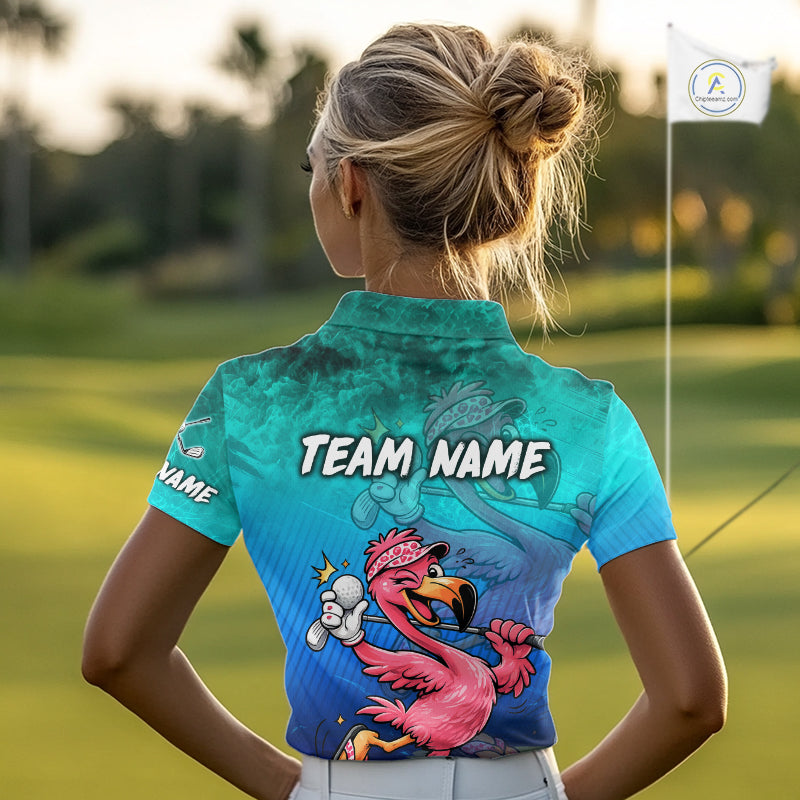Personalized Flamingo Womens Golf Polo Shirt Custom Name And Team Teal Blue Funny Ocean Tropical Golf Outfit NHT1235