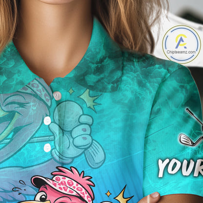 Personalized Flamingo Womens Golf Polo Shirt Custom Name And Team Teal Blue Funny Ocean Tropical Golf Outfit NHT1235