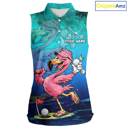 Personalized Flamingo Womens Sleeveless Golf Polo Shirt Custom Name And Team Teal Blue Funny Ocean Tropical Golf Outfit NHT1235