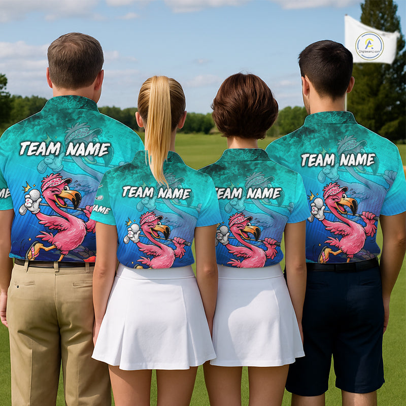 Personalized Flamingo Womens Golf Polo Shirt Custom Name And Team Teal Blue Funny Ocean Tropical Golf Outfit NHT1235