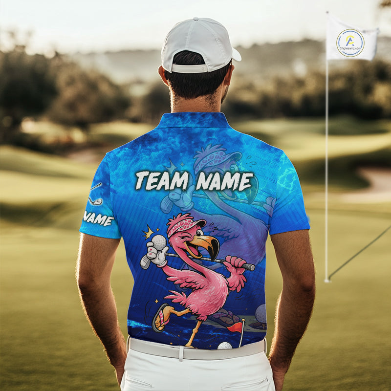 Personalized Flamingo Mens Golf Polo Shirt Custom Name And Team Royal Blue Funny Ocean Tropical Golf Outfit NHT1236