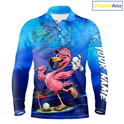 Personalized Flamingo Mens Golf Polo Shirt Custom Name And Team Royal Blue Funny Ocean Tropical Golf Outfit NHT1236